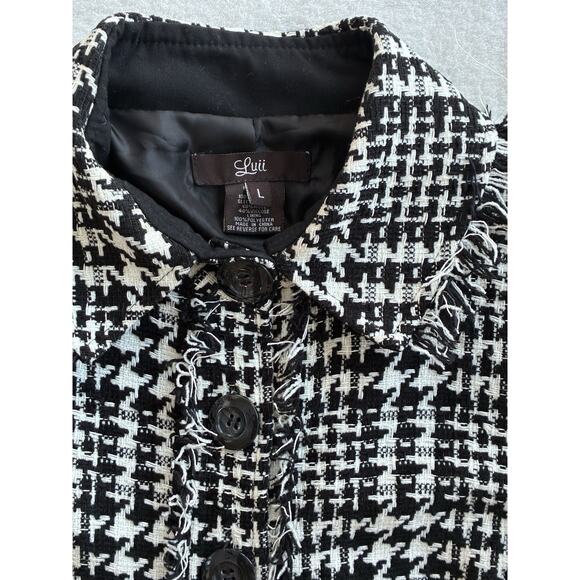 Luii Chic Black White Fringe Houndstooth Plaid Jacket Car Coat Size Large Wool - Picture 5 of 11